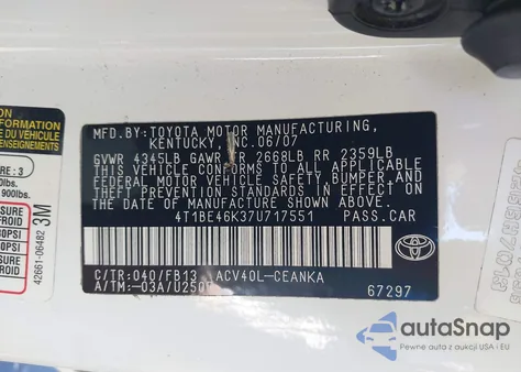 2007 Toyota Camry Le from USA, damaged, VIN 4T1BE46K37U717551